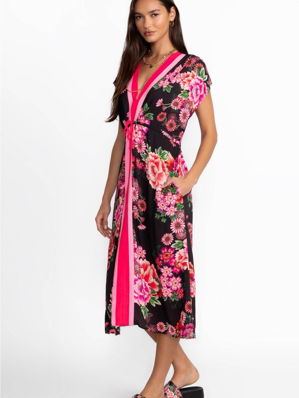 Johnny Was Black Floral  Midi Robe with Hot Pink Trim